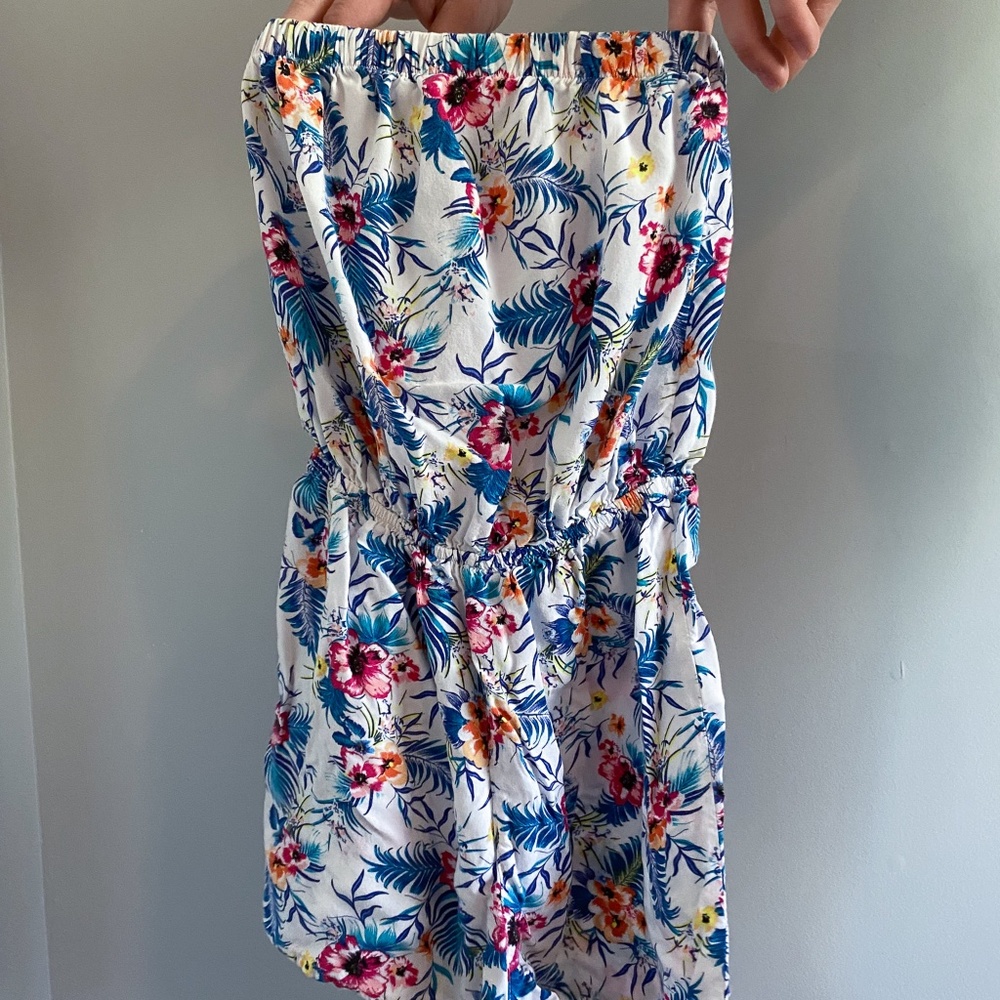 Strapless white and blue floral romper